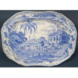 A large early 19th century rectangular Spode Indian Sporting series blue and white transfer