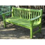 Attributed to Heals, a good quality stained and later light green painted teak three seat garden