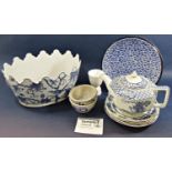 Miscellaneous collection including blue and white ware, Asiatic pheasant jug, majolica leaf