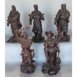 Five Chinese carved hardwood warriors, wearing traditional armour and weapons (af)