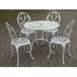 Cream painted cast aluminium five piece garden terrace set comprising circular top table and set