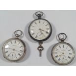 Three silver cased gents pocket watches with enamel dials