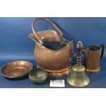 A 19th century brass floral engraved jardiniere, a copper coal scuttle, a brass hand bell, two