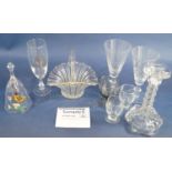 A mixed collection of glasses, a glass bell, a glass basket etc