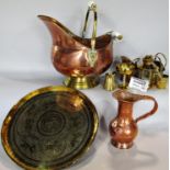 A quantity of brass and copper ware, including a coal scuttle, kettle, tankard jug, lantern etc.