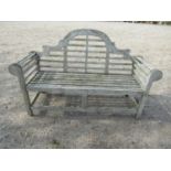 Weathered teak three seat Lutyens style garden bench, 167cm long (af)