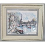A coloured print of a Parisian river scene with the Eiffel Tower to the distance, with overpainted