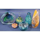 A collection of modern Art Glass style vases, perfume bottle and a small millefiori paperweight (6)