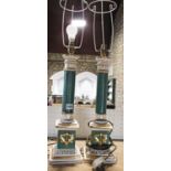 A pair of French Empire style column table lamps, green with gold detail. 50cm tall.