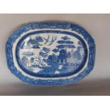 Large meat plate with blue and white oriental design, length 48cm (1)