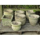 Four weathered cast composition stone circular garden planters with lattice detail, 33cm diameter,