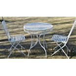 A contemporary three piece cream painted steel terrace set comprising circular top table and pair of