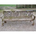 Well weathered teak park bench with slatted seat and back, 208cm long (af)