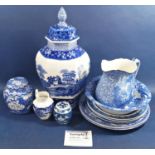 A collection of 19th century and later blue and white china including willow pattern meat