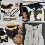 A large collection of vintage clothing and bijouterie including a hat box, 2 straw boaters, 2