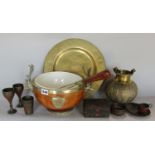A Victorian oak salad bowl with stag head mounts and pottery lining and two serving spoons, a