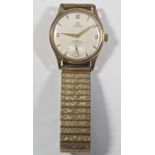 Gents Omega wristwatch with 9ct gold case work, with presentation script and plated strapwork and