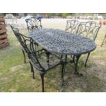 Contemporary cast alloy six piece garden terrace suite comprising D-end table and a set of five (4+