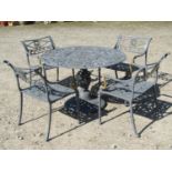 Regency style grey painted and gilt highlighted cast alloy five piece garden terrace suite,