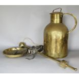 An antique brass milk churn, 43cm high and a 19th century brass counter balance weigh scales. 2