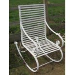 A heavy gauge sprung steel framed garden rocking chair with strapwork seat and combined back with