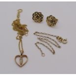 Group of 9ct jewellery comprising a pair of Celtic style earrings, a heart shaped diamond set