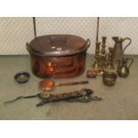 Heavy 19th century copper pan of oval form, together with a collection of Victorian and other