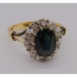 18ct sapphire and diamond cluster ring, size O, 5.1g