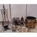 A set of vintage kitchen scales and weights a further circular brass jardinière and steel fire irons