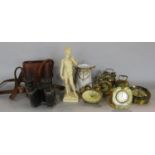 A vintage pair of Ross binoculars, three alarm clocks, a statue of David after Michelangelo, a