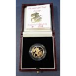 Royal Mint proof sovereign 1990, limited to 10,000, number 1790, with certificate and box