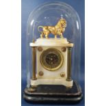 A mid-Victorian period mantle clock with white alabaster case and applied brass column supports,