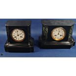 Two Victorian black slate and polished marble mantle clocks, each with eight day striking movement