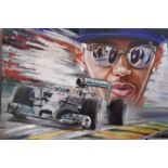 Portrait of Lewis Hamilton, mixed media on canvas, 2017, signed 'AH', 100 x 150 cm, unframed