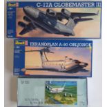 3 model aircraft kits, all 1:144 scale kits of large aeroplanes including Revell C-17A Globemaster