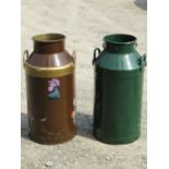 Two vintage aluminium two handled milk churns with later painted finish, 72cm high (lack lids)