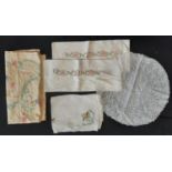 Box of vintage linen including 5 damask table cloths, white table cloths with wide crochet