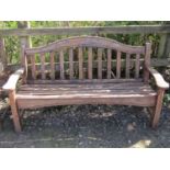 Swan Hattersley weathered stained hardwood three seat garden bench with slatted seat and back,