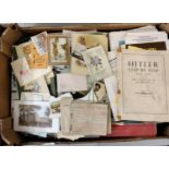 Containing a miscellaneous collection of ephemera, cards, booklets, postcards, guide books, unframed