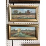 Two landscape oil paintings on board, titled 'Deer in the Park' and 'Autumn in Bushey Park'