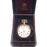 Waltham pocket watch with gold plated case and enamel dial, with leather night case