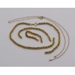 9ct rope twist necklace and a further fine link example, 5g total (both af)