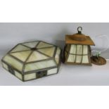 An Arts and Crafts steel lantern and an Art Deco style leaded effect glass ceiling light. (2)