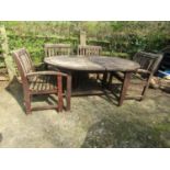 Weathered contemporary stained teak D-end pull out extending garden table, with central bi-folding