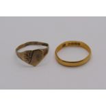22ct wedding ring, 1.6g and a 9ct heart shaped signet ring, 1.1g (both misshapen) (2)