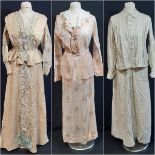 Edwardian ladies clothing including a 3 piece outfit in muslin printed with a pattern of pink