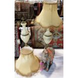 A pair of vasiform alabaster table lamps with gilt decoration and shades. 63 cm high lamp only.