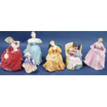 Five Royal Doulton figures, Sweet Dreams, Romance, Dinky Do, Autumn Breeze, Enchantment and