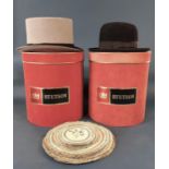 Two 'Stetson' lidded hat boxes, containing a felt trilby by Dunn & Co and a grey top hat (AF) by