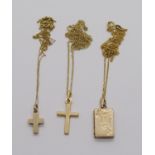 Three 9ct pendant necklaces; an engraved locket and two crosses, 6.5g total (3)